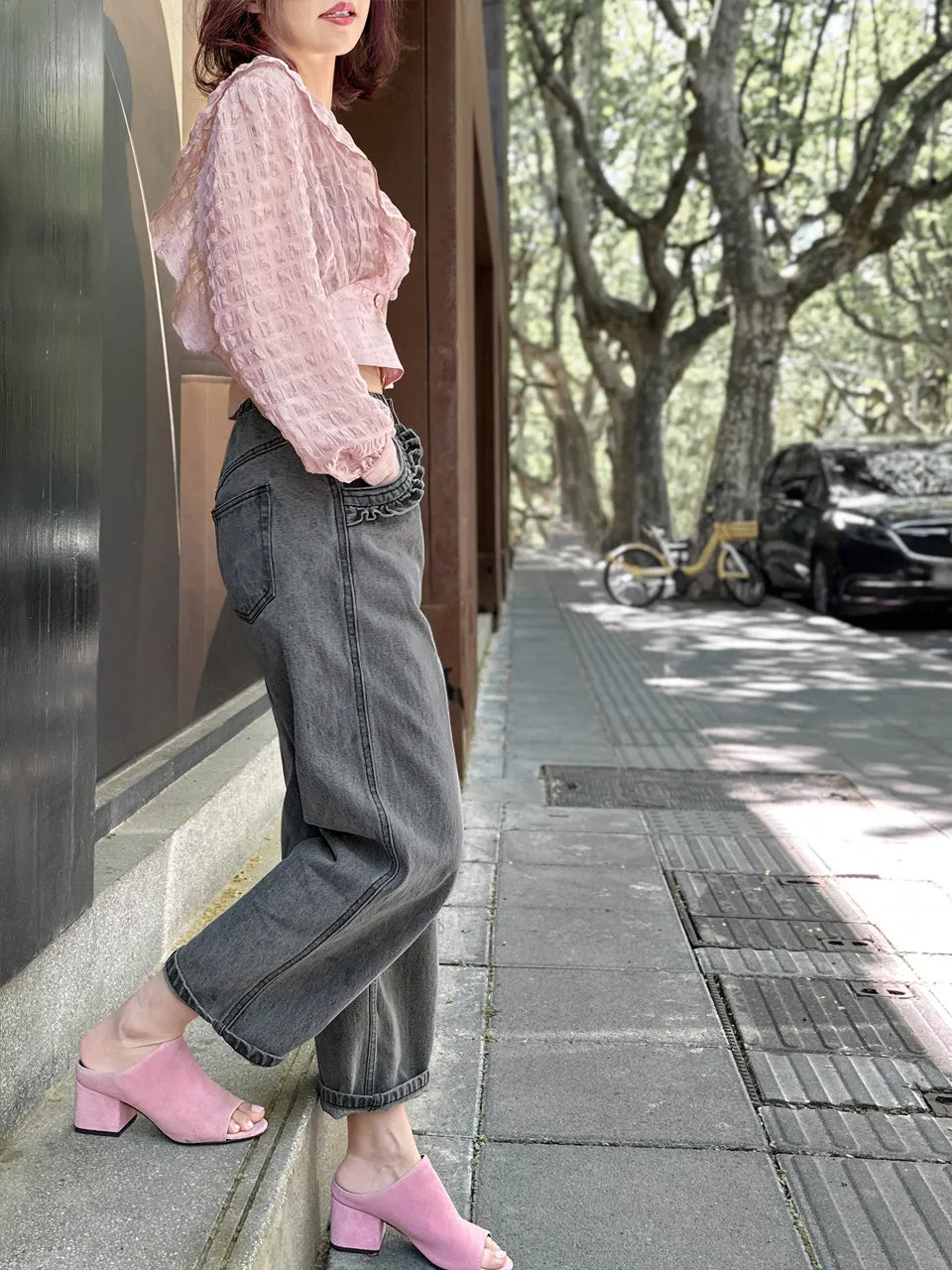 Textured Pink Buttoned Waist Ruffles Crop Top