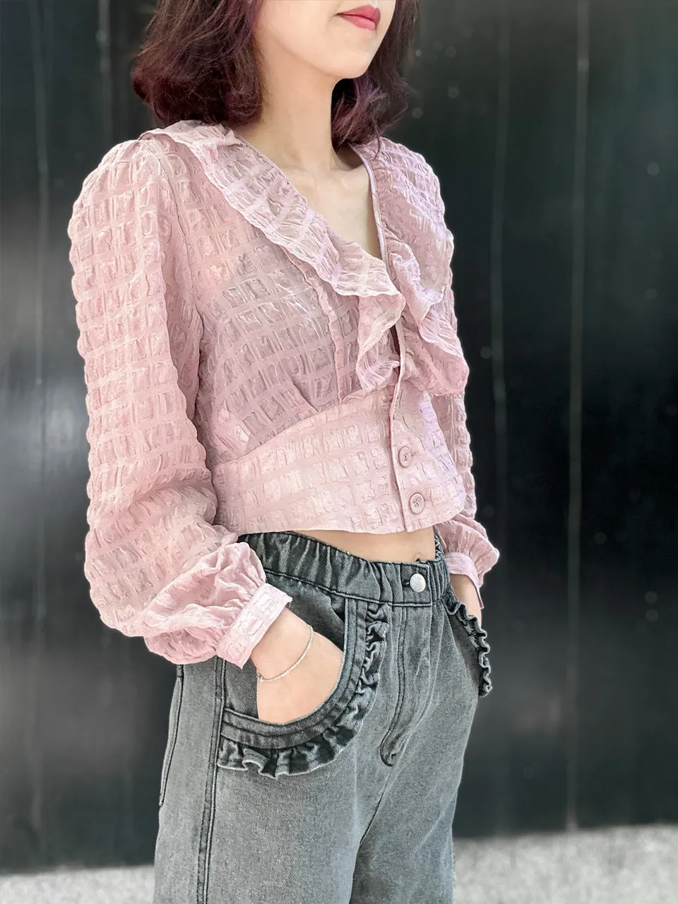 Textured Pink Buttoned Waist Ruffles Crop Top