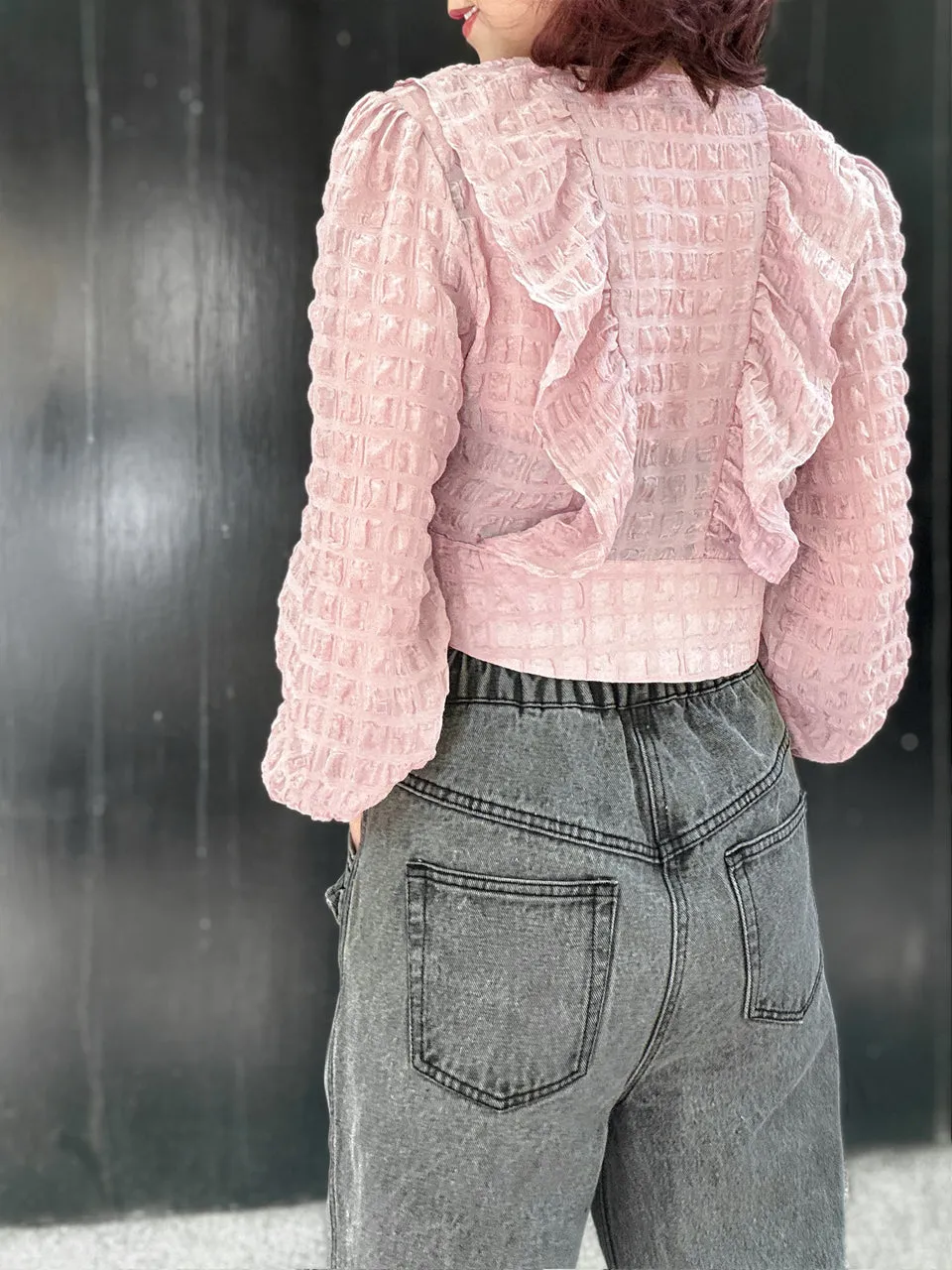 Textured Pink Buttoned Waist Ruffles Crop Top