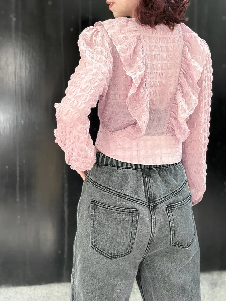 Textured Pink Buttoned Waist Ruffles Crop Top