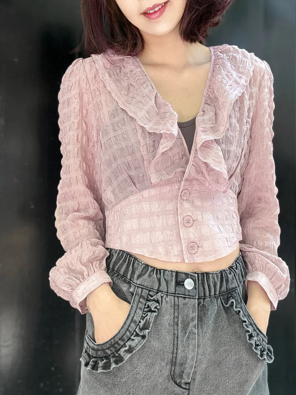 Textured Pink Buttoned Waist Ruffles Crop Top