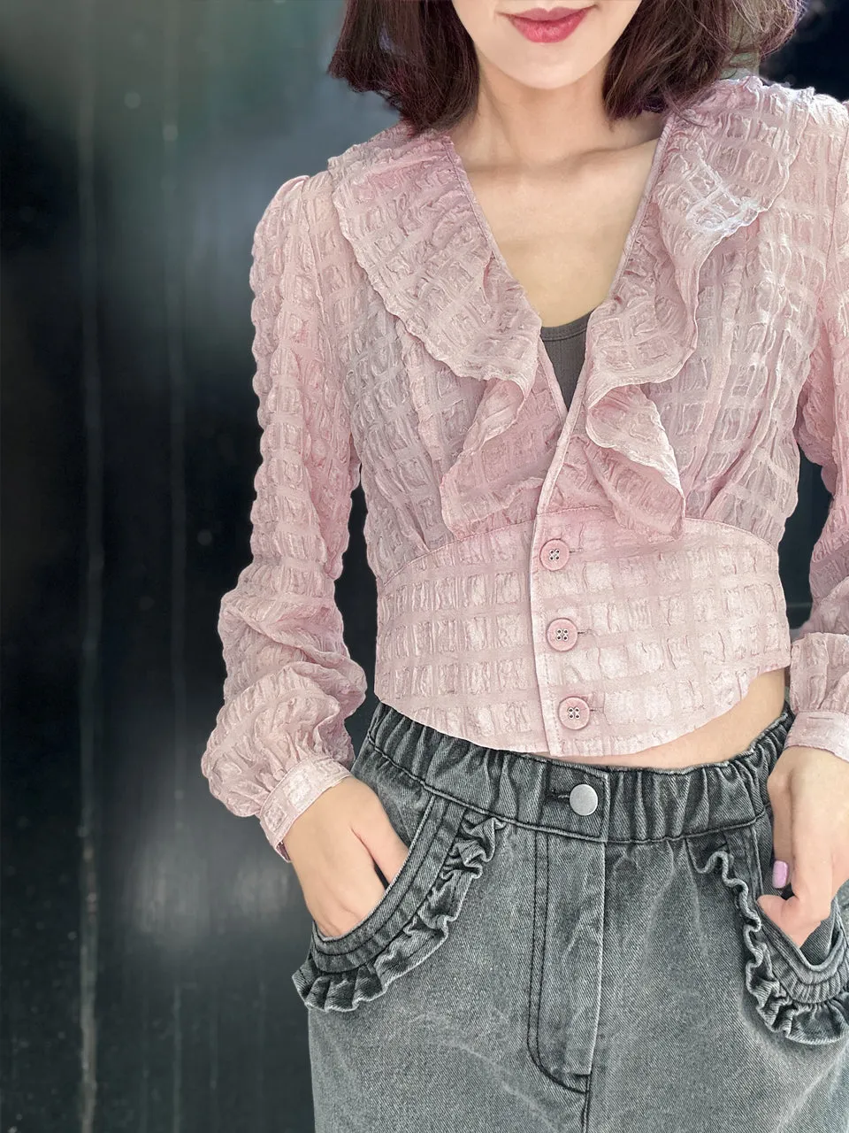 Textured Pink Buttoned Waist Ruffles Crop Top