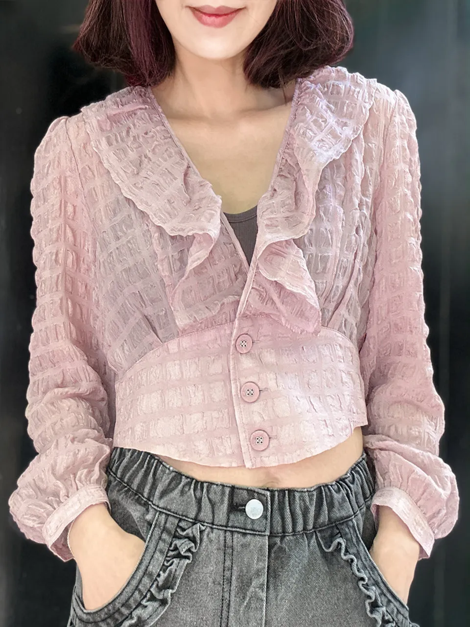 Textured Pink Buttoned Waist Ruffles Crop Top