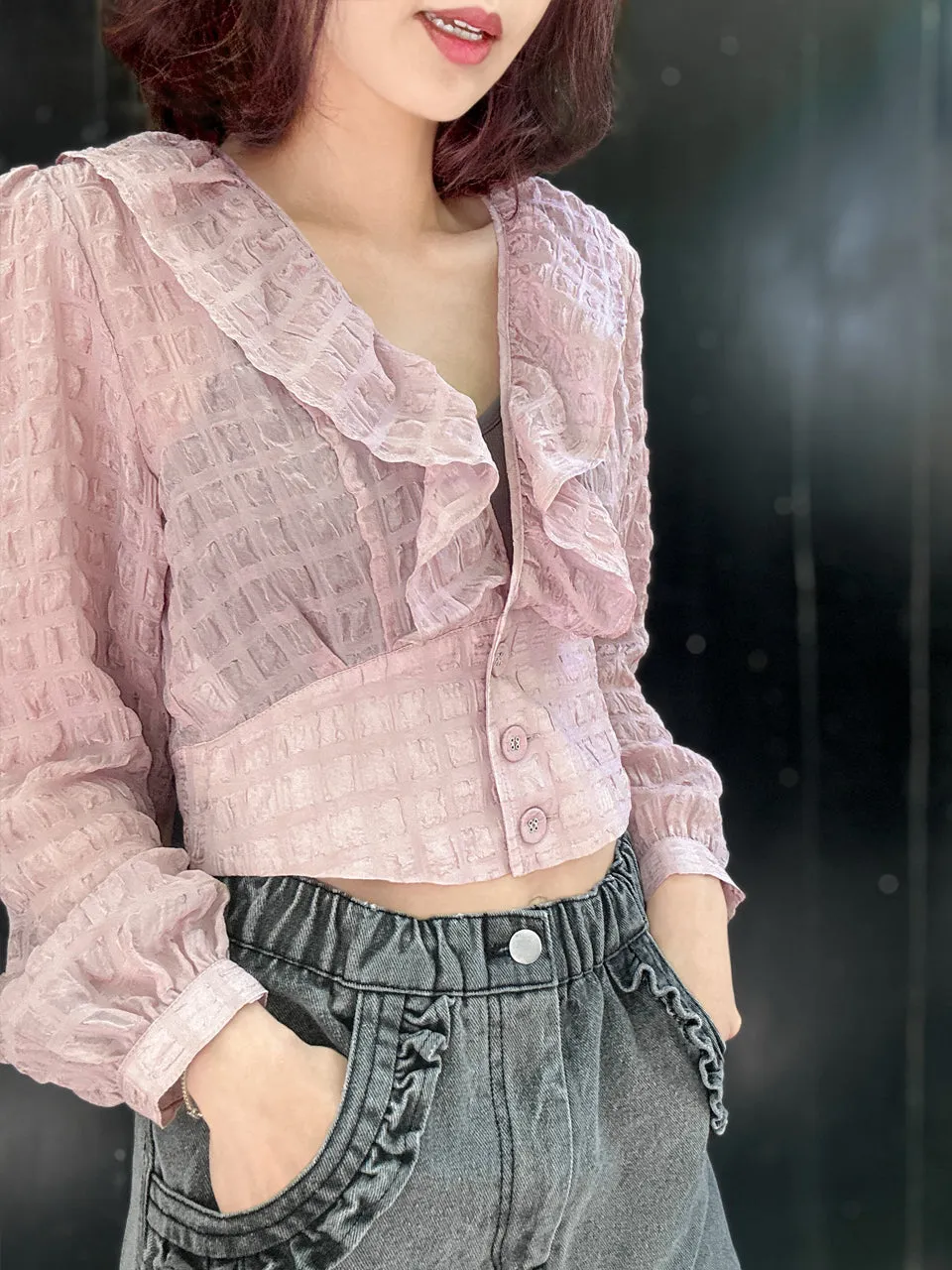 Textured Pink Buttoned Waist Ruffles Crop Top