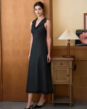 The Black Collared Frill Trim Linen Maxi Dress