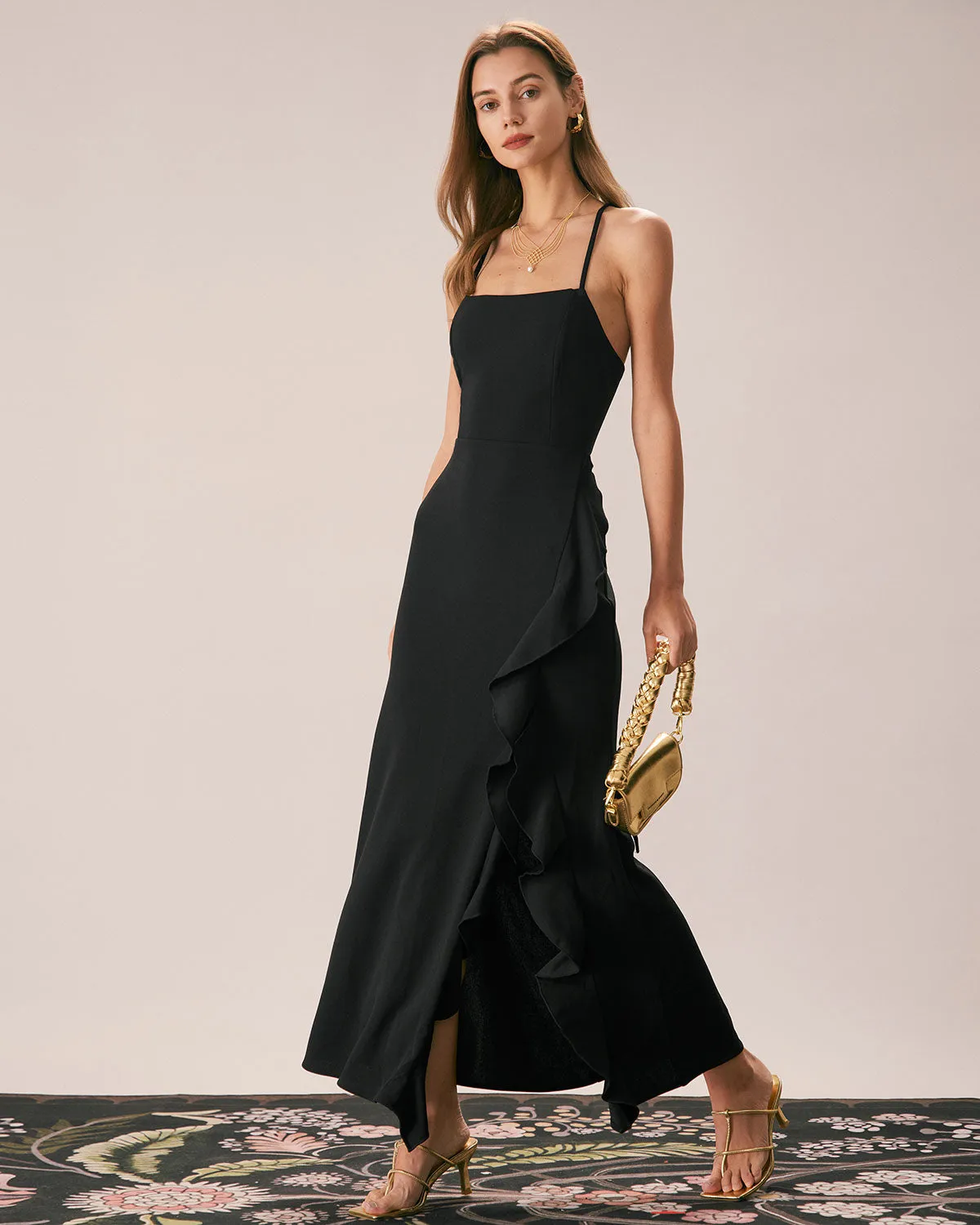 The Black Ruffle Cross Back Strap Maxi Dress