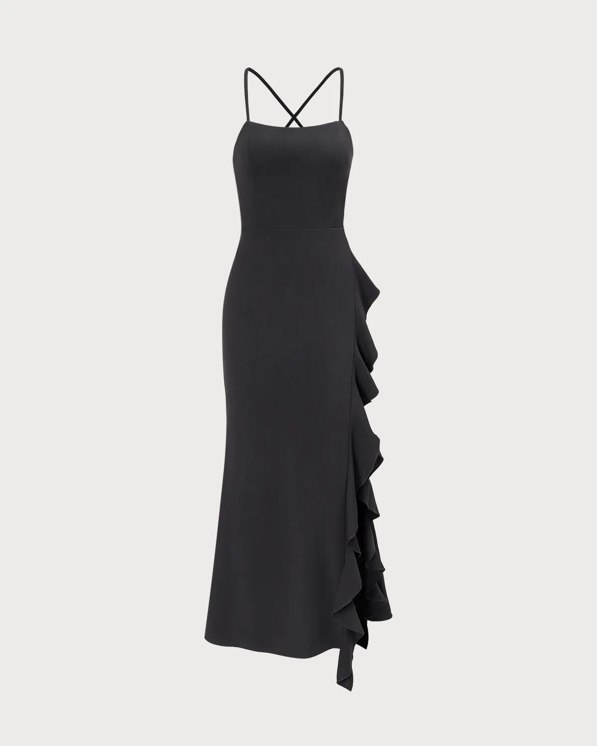 The Black Ruffle Cross Back Strap Maxi Dress