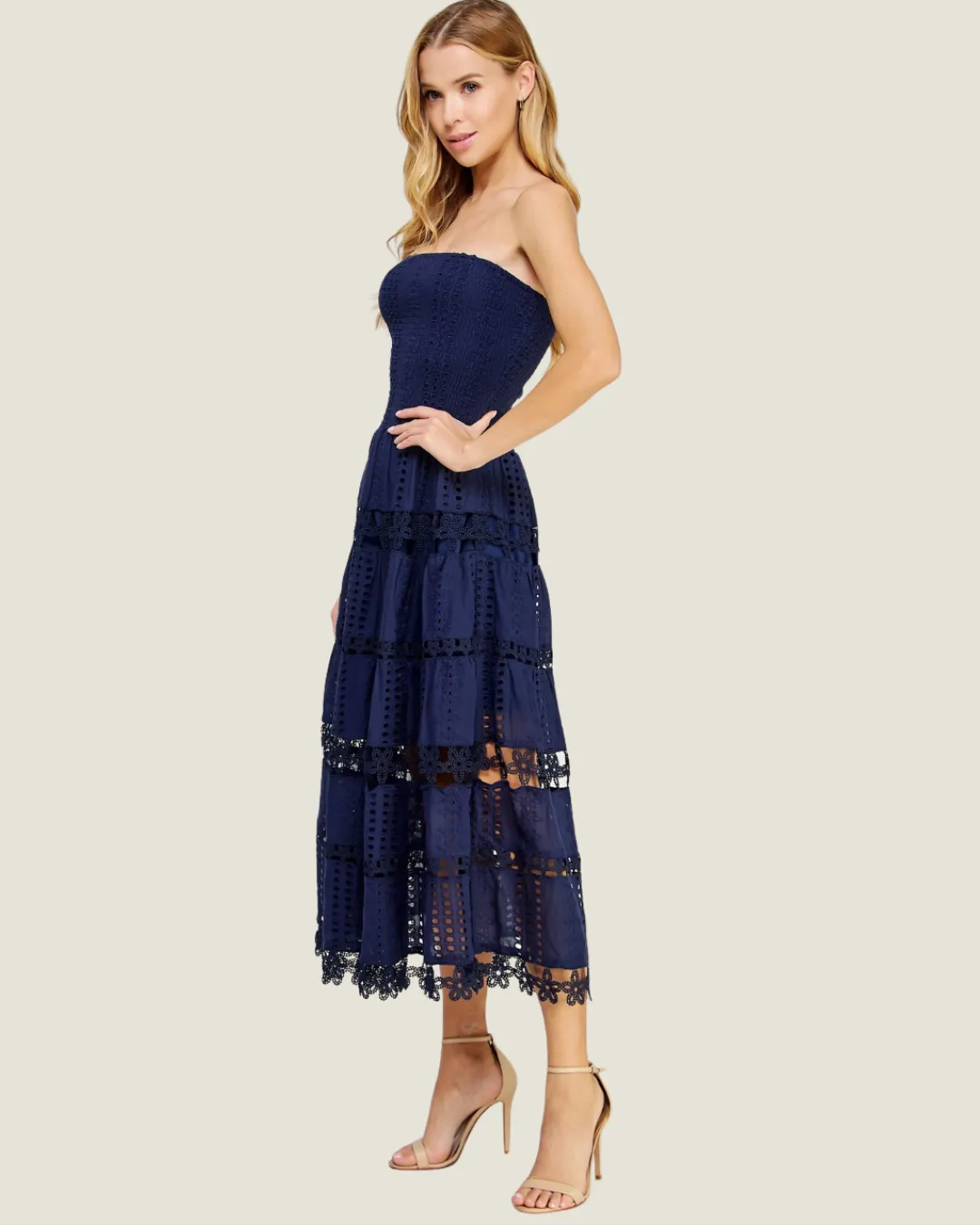 The Maryann: Navy Eyelet Lace Midi Dress