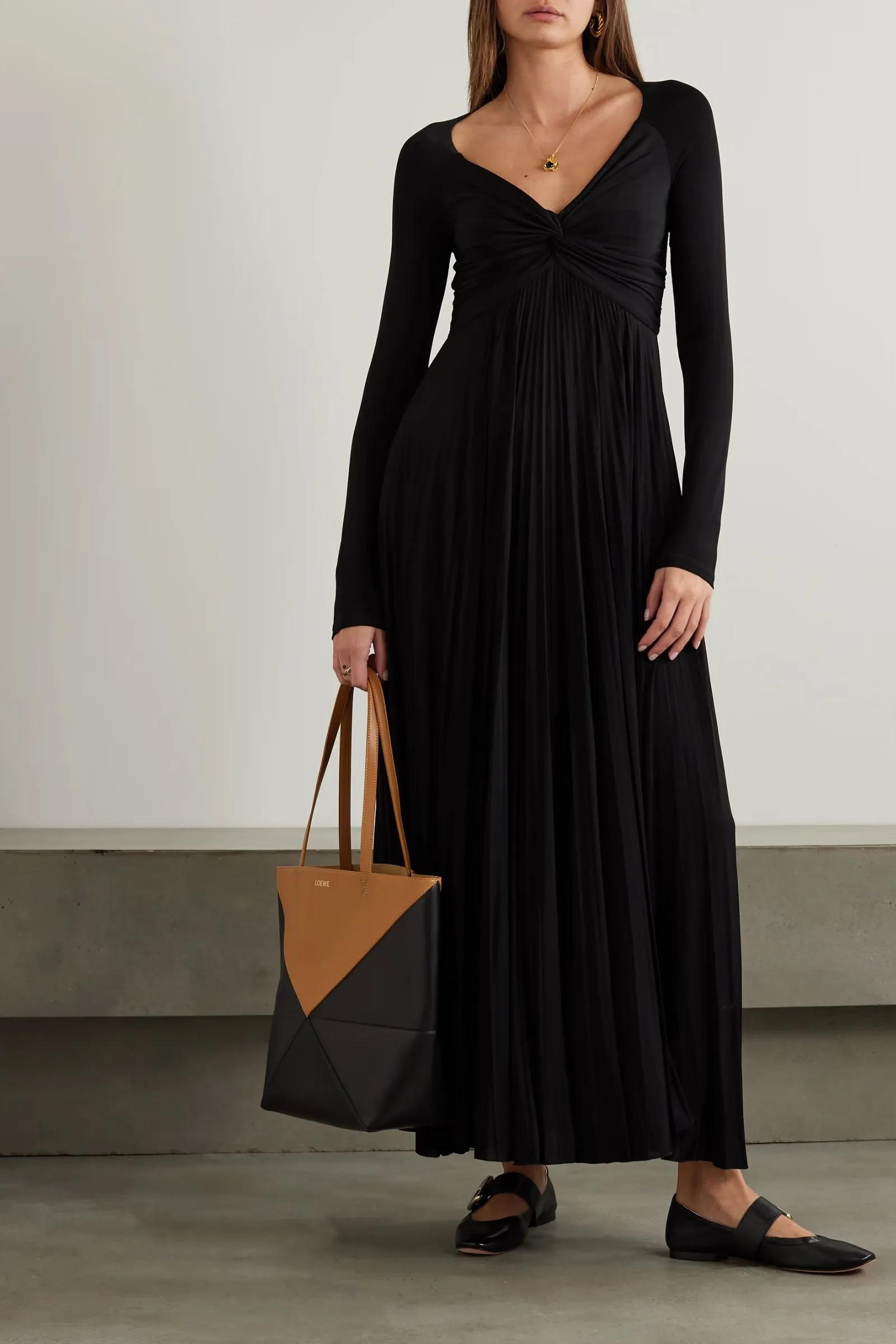 Twist-Front Pleated Stretch-Jersey Maxi Dress