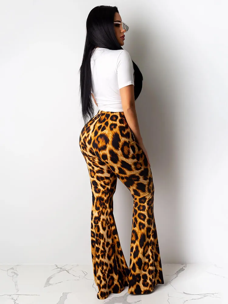 Two Piece Lips Print Tops Leopard Pant Suits