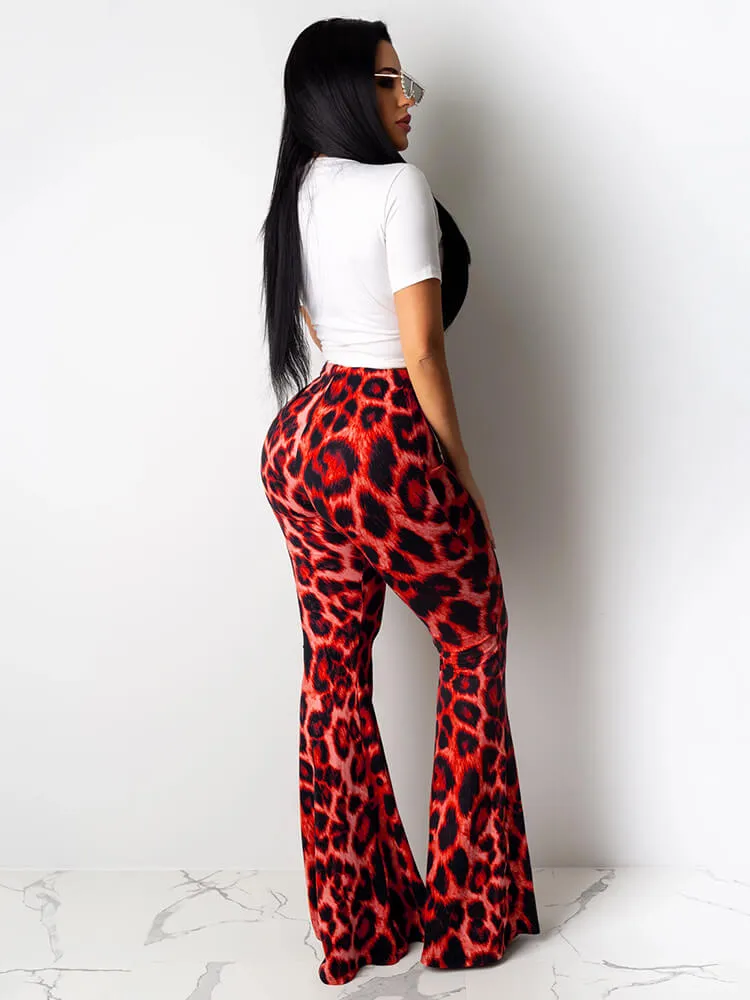 Two Piece Lips Print Tops Leopard Pant Suits