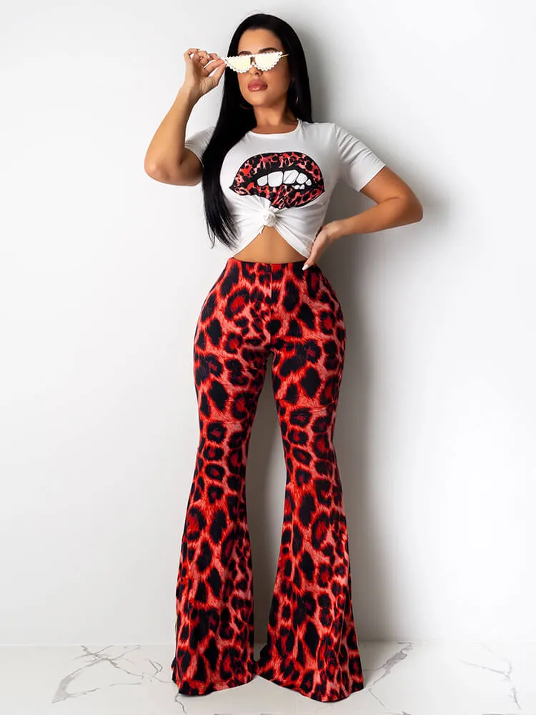 Two Piece Lips Print Tops Leopard Pant Suits