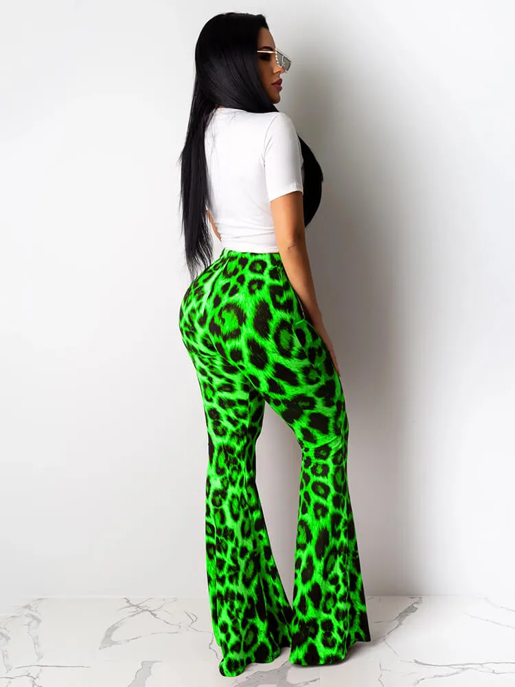 Two Piece Lips Print Tops Leopard Pant Suits