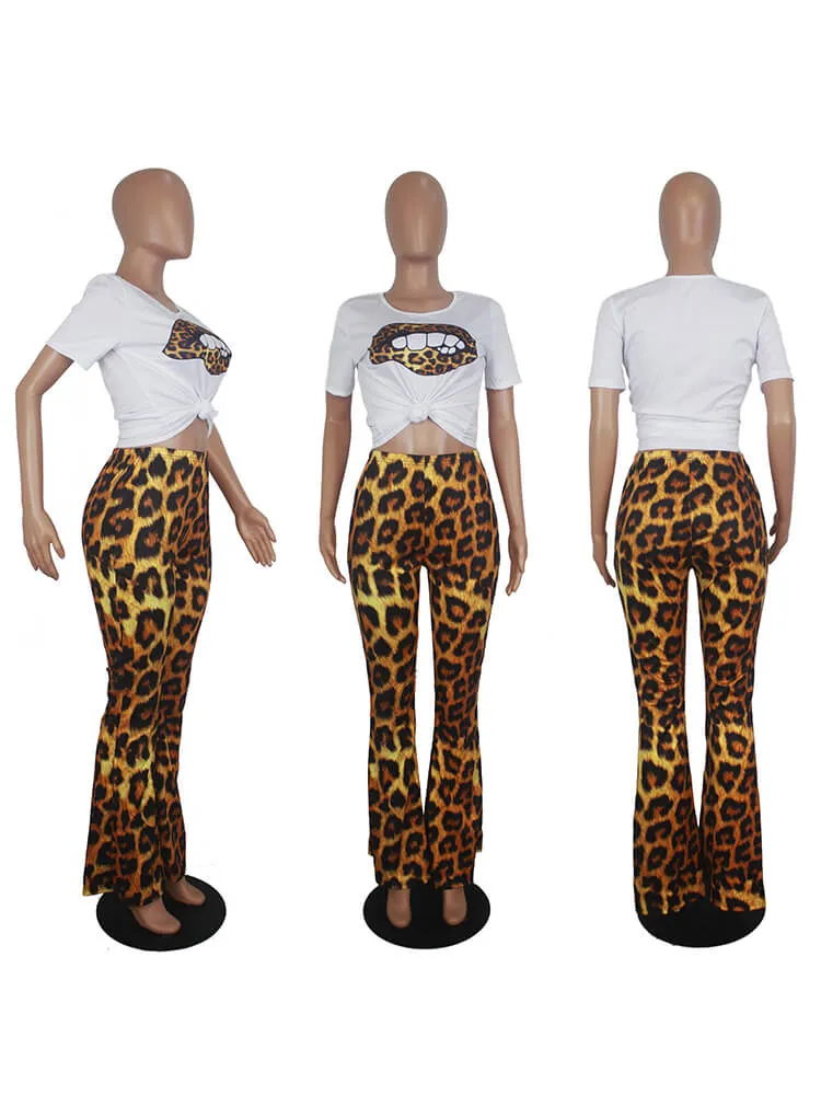 Two Piece Lips Print Tops Leopard Pant Suits