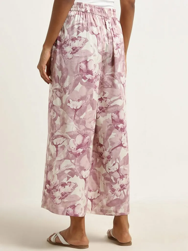 Utsa Lilac Floral Pattern Mid-Rise Palazzos