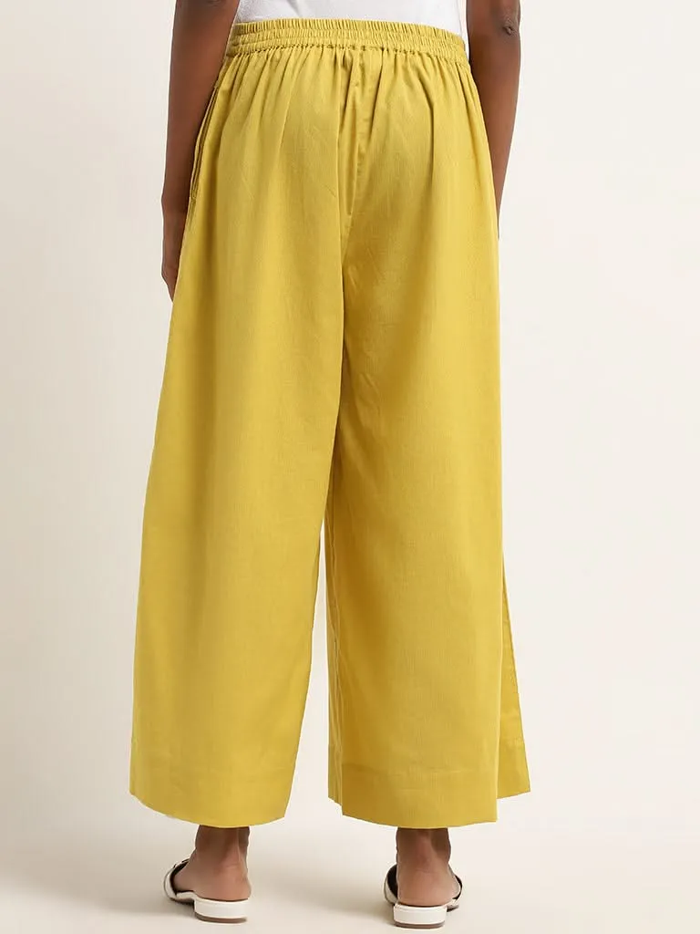 Utsa Yellow Flared High-Rise Cotton Blend Palazzos