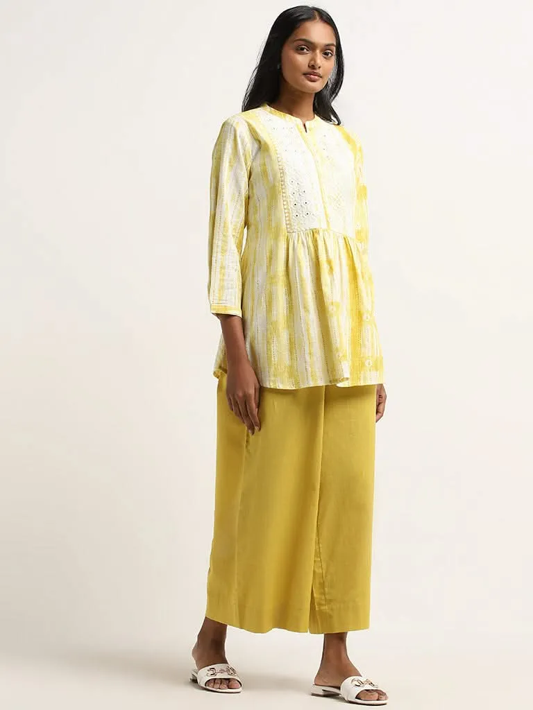 Utsa Yellow Flared High-Rise Cotton Blend Palazzos