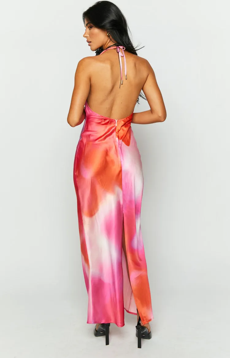 Valletta Pink Print Halter Neck Maxi Dress