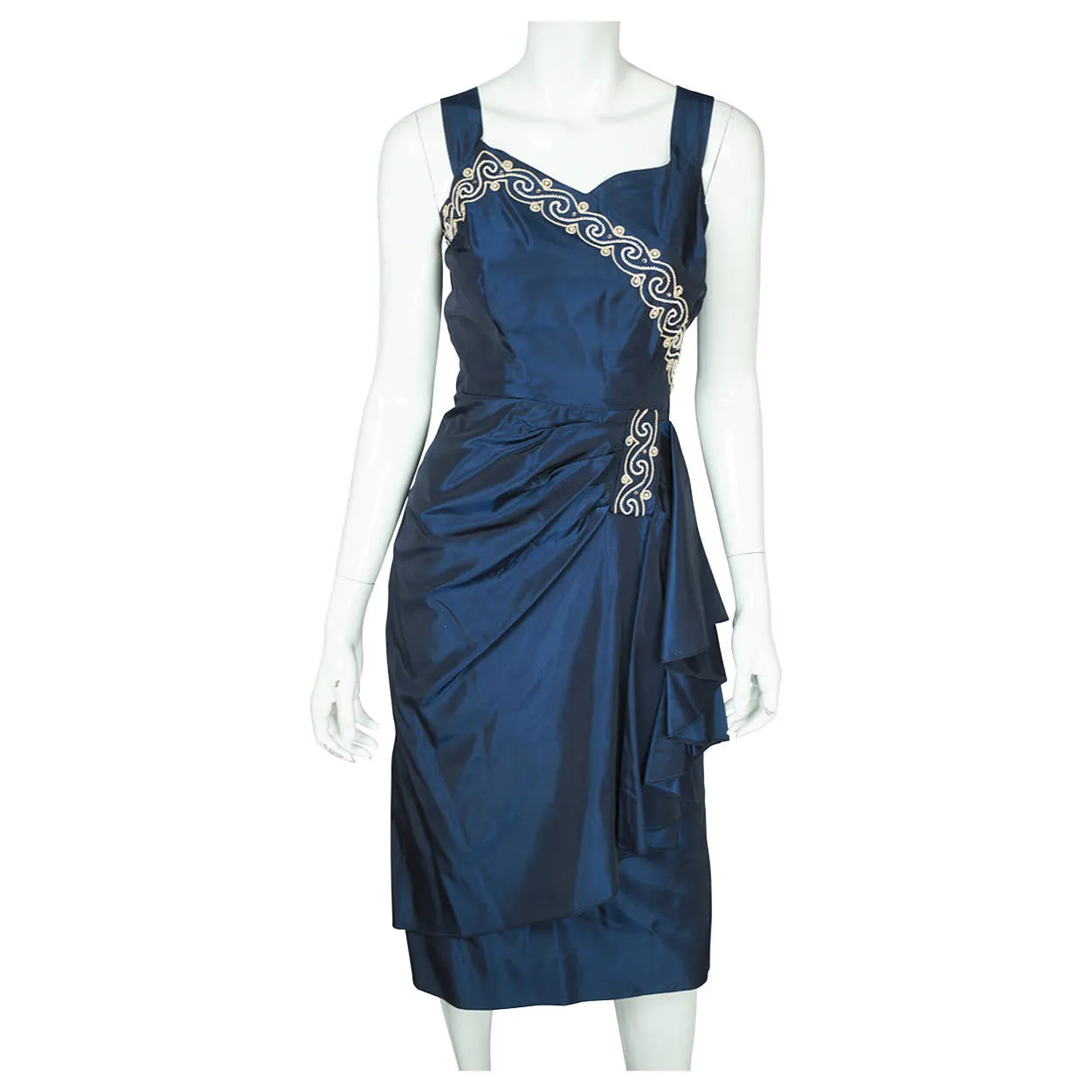 Vintage 1940s Cocktail Party Dress Beaded Blue Taffeta Size M