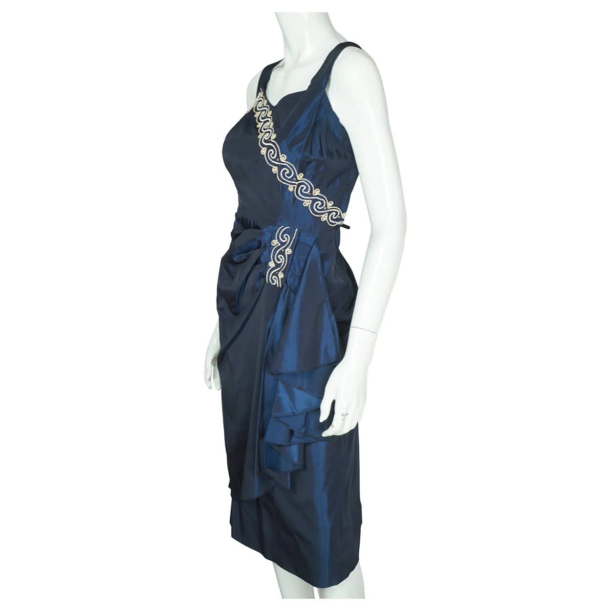 Vintage 1940s Cocktail Party Dress Beaded Blue Taffeta Size M