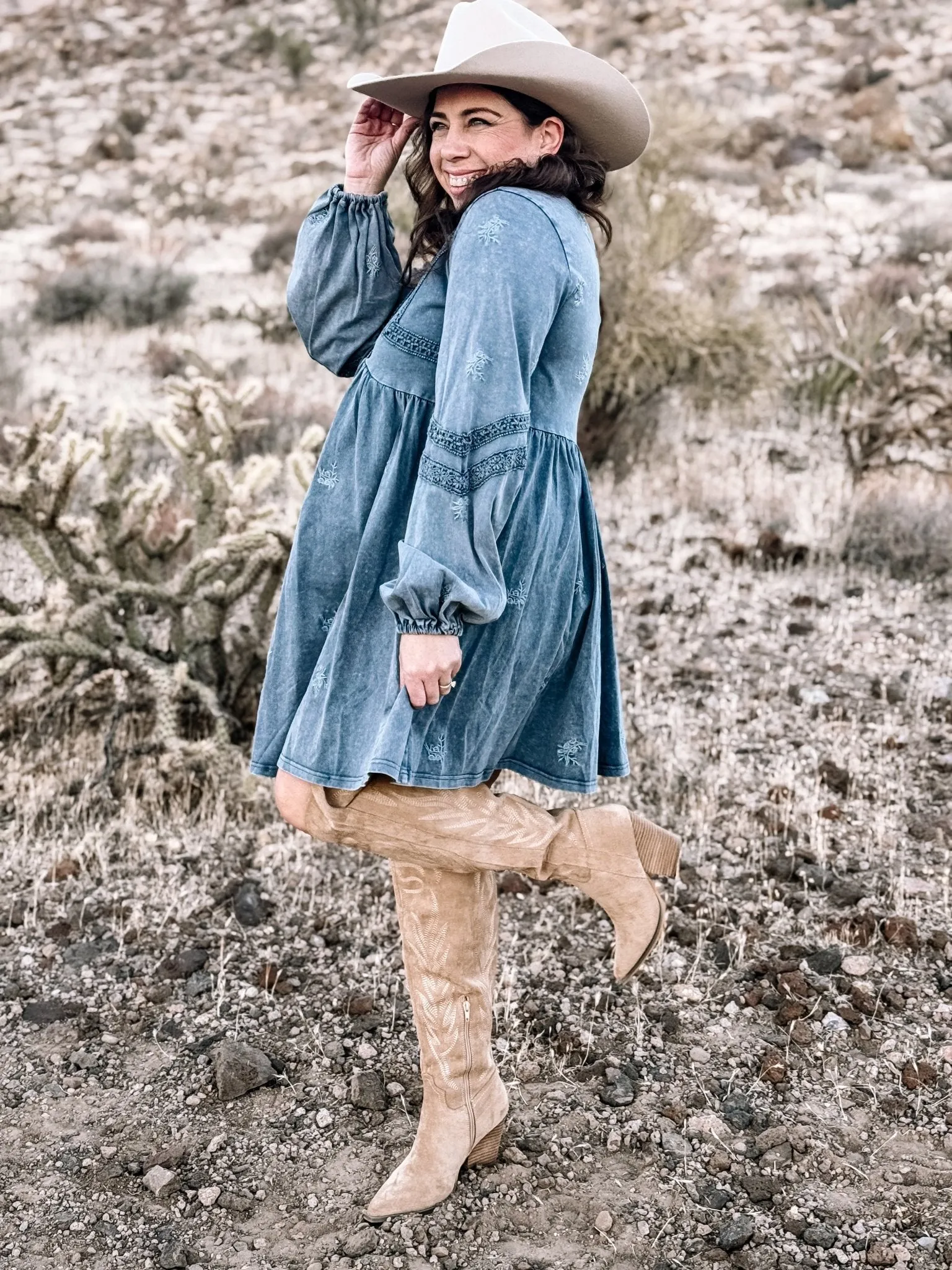 Wildflower Whimsy Boho Western Babydoll Dress, Denim