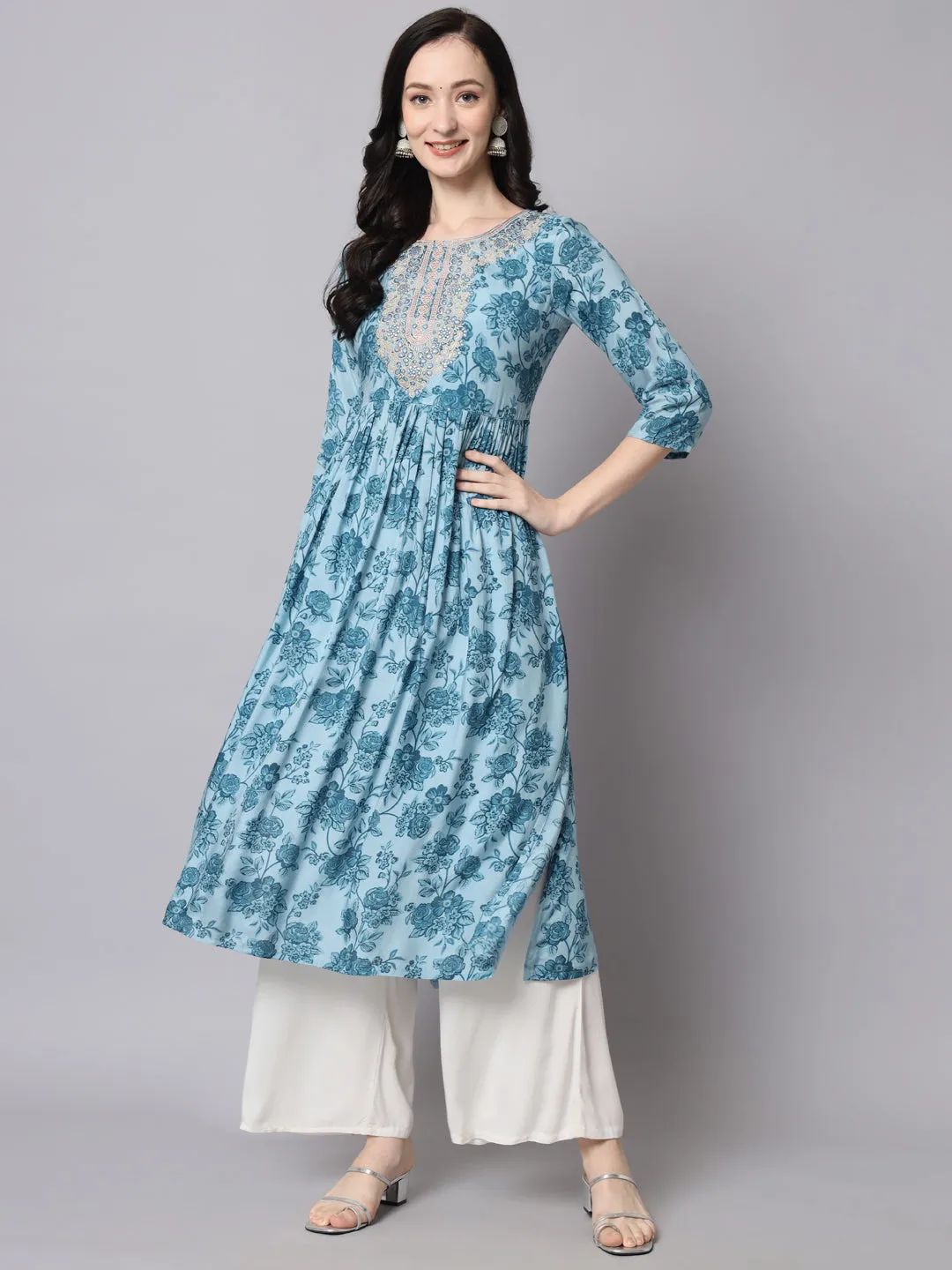 Women Ice Blue Muslin Nyara Cut A-Line Kurta