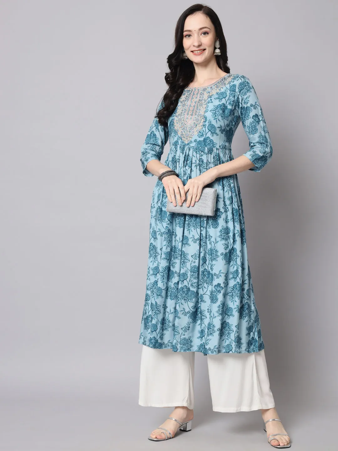 Women Ice Blue Muslin Nyara Cut A-Line Kurta