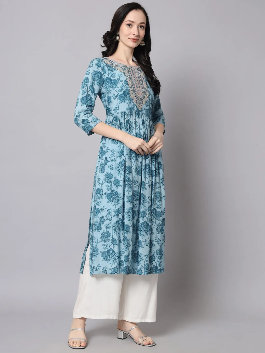 Women Ice Blue Muslin Nyara Cut A-Line Kurta