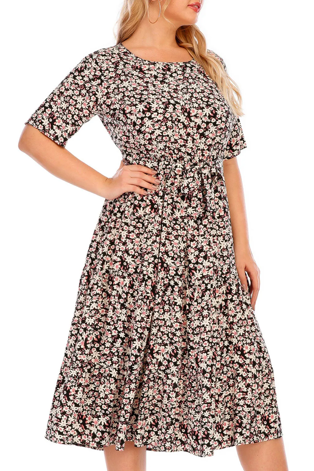 Women Plus Mid Length Elasticated Waist Fashionable Flower Pattern Short Sleeve Summer Casual Dress - WD67361