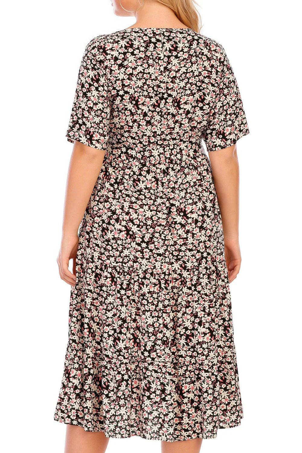 Women Plus Mid Length Elasticated Waist Fashionable Flower Pattern Short Sleeve Summer Casual Dress - WD67361