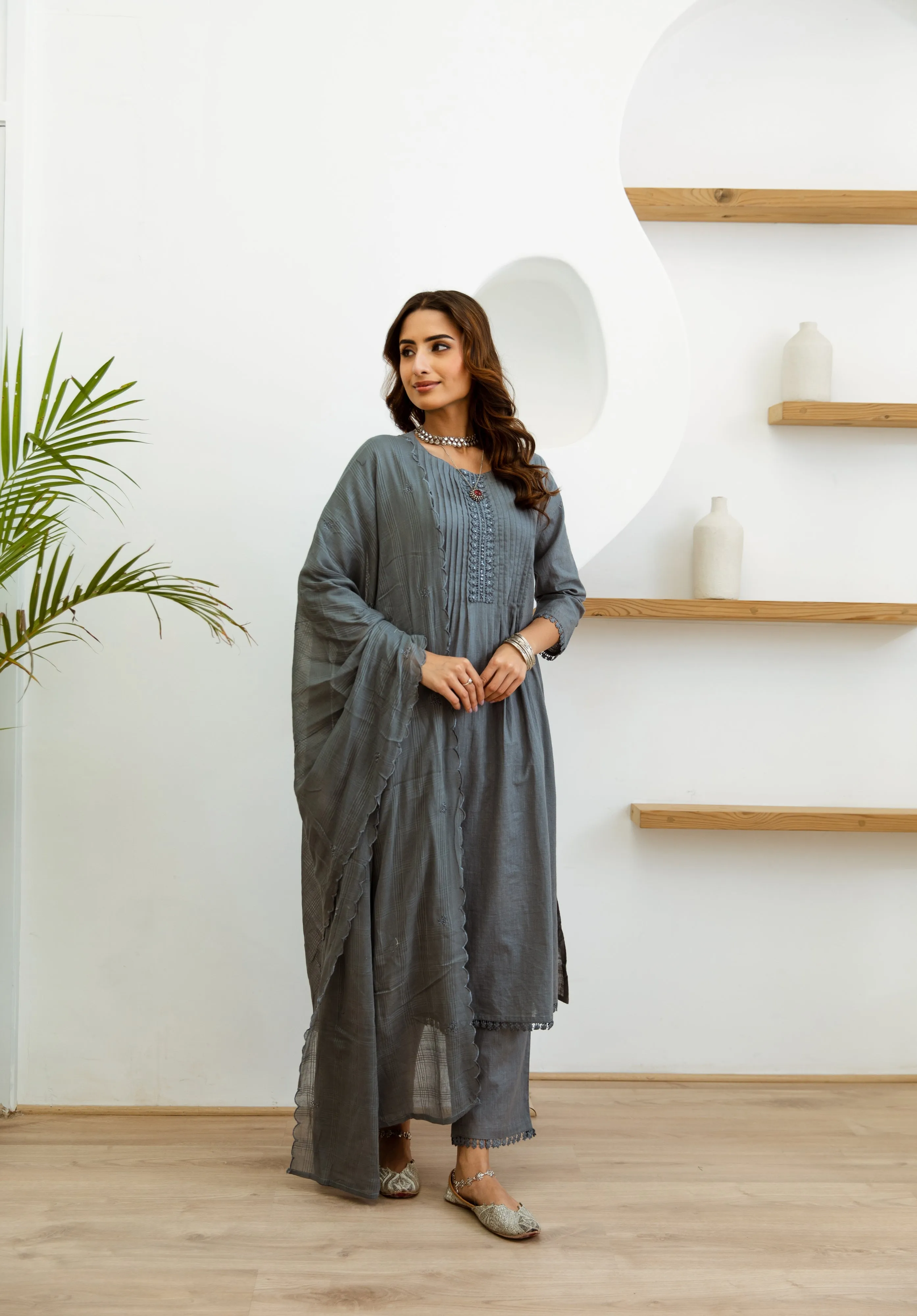 Women's Grey Cotton Kurta, Pant  and Dupatta Set