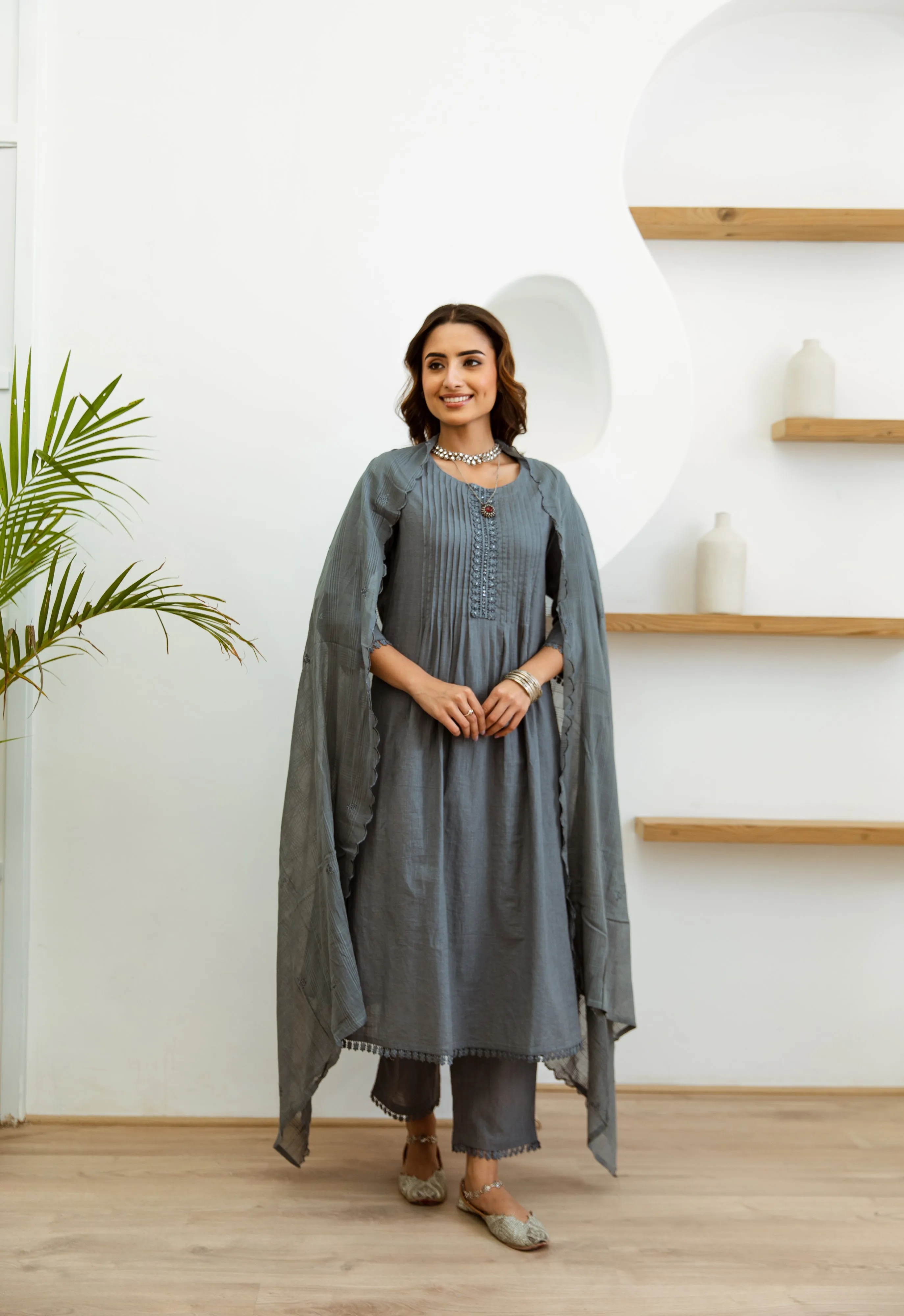 Women's Grey Cotton Kurta, Pant  and Dupatta Set