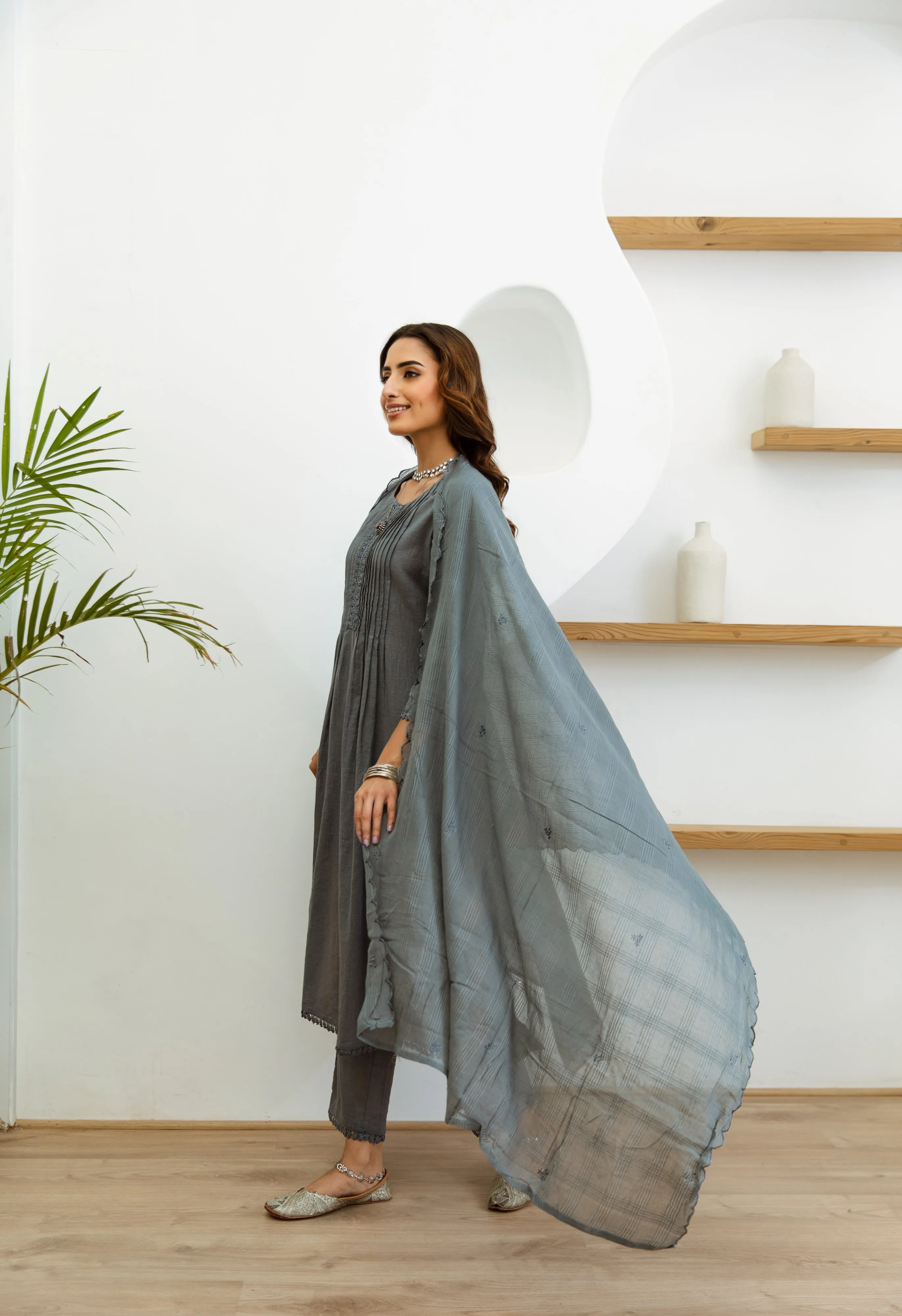 Women's Grey Cotton Kurta, Pant  and Dupatta Set