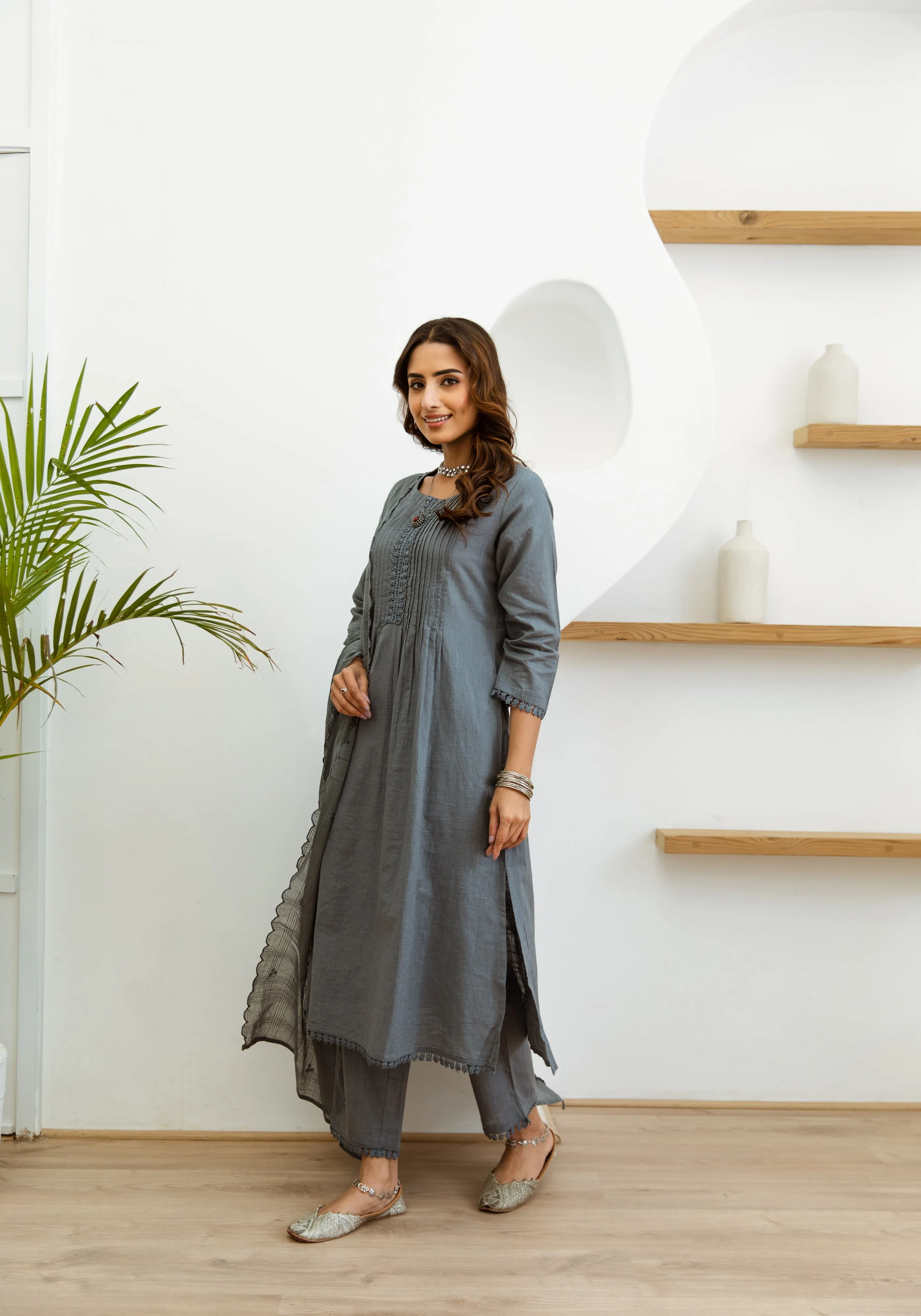 Women's Grey Cotton Kurta, Pant  and Dupatta Set