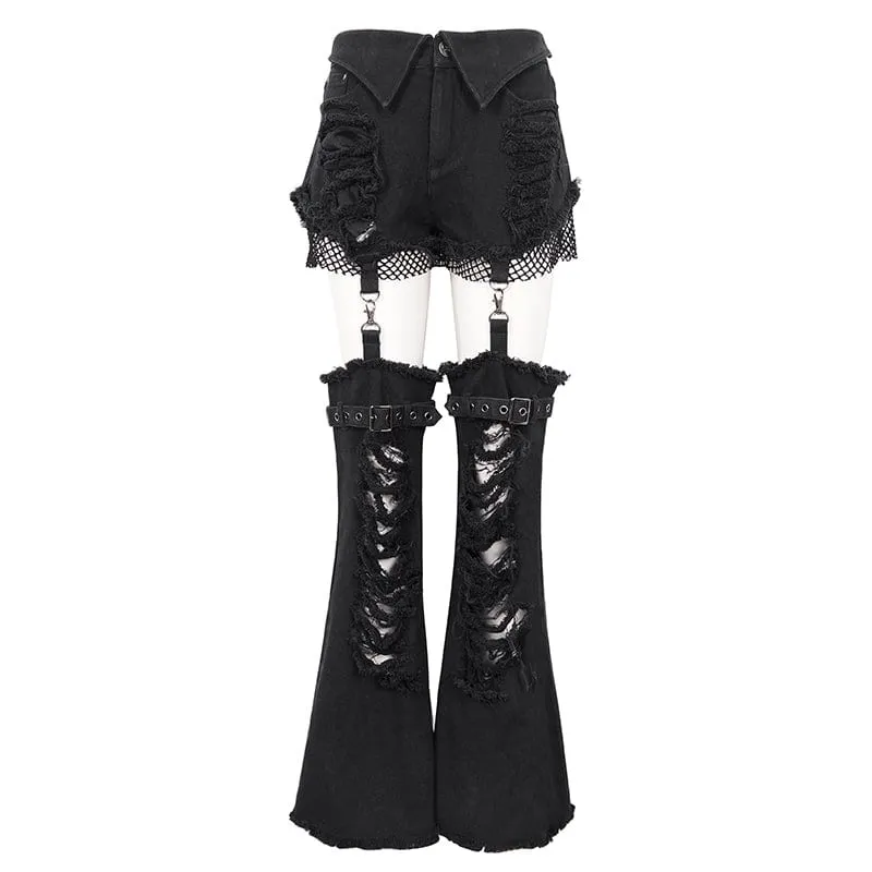 Women's Punk Detachable Mesh Splice Ripped Pants