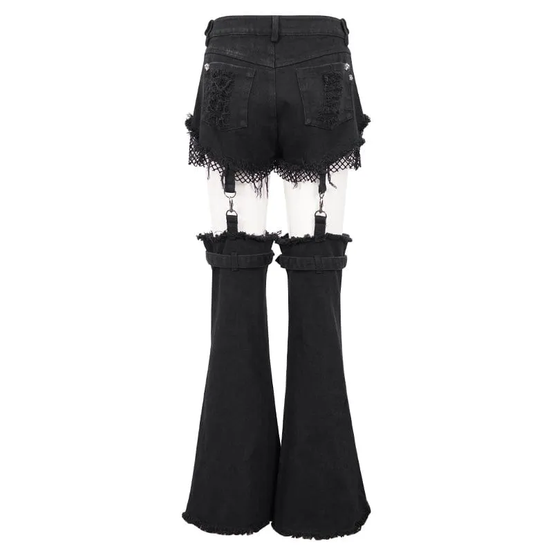 Women's Punk Detachable Mesh Splice Ripped Pants