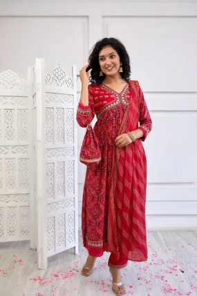 Women's Rayon Pink Alia Cut A-line Kurta, Pant & Dupatta With Fancy Potli Set