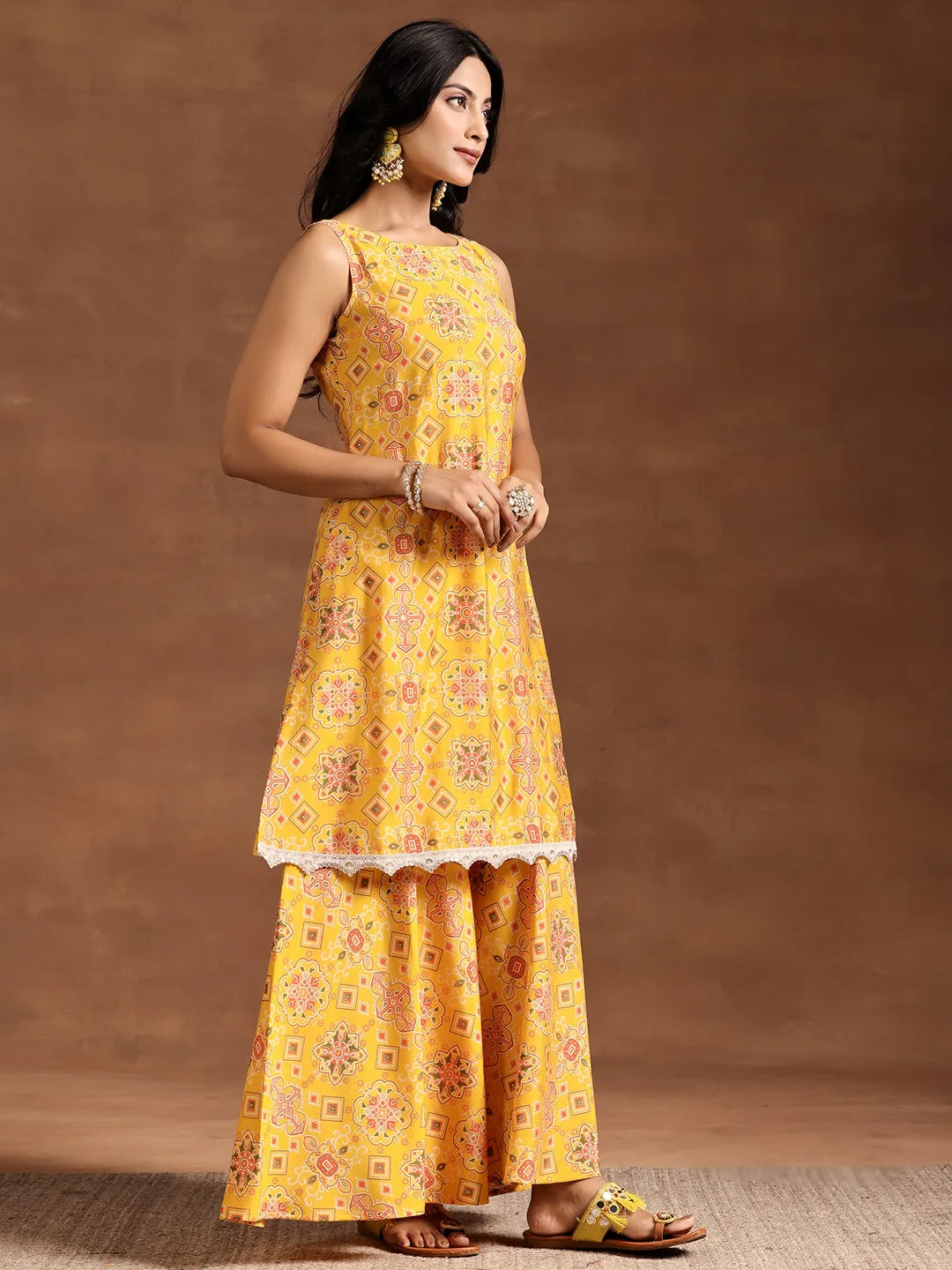 Yellow Printed Silk Blend A-Line Kurta With Palazzos