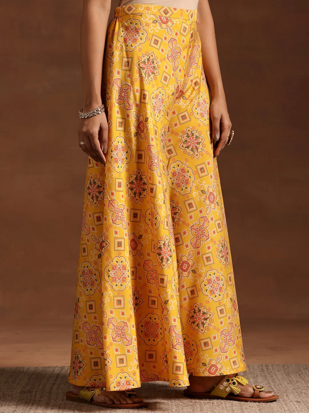 Yellow Printed Silk Blend A-Line Kurta With Palazzos