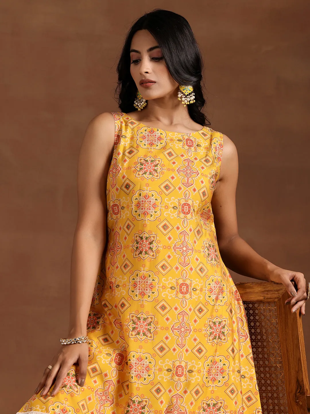 Yellow Printed Silk Blend A-Line Kurta With Palazzos