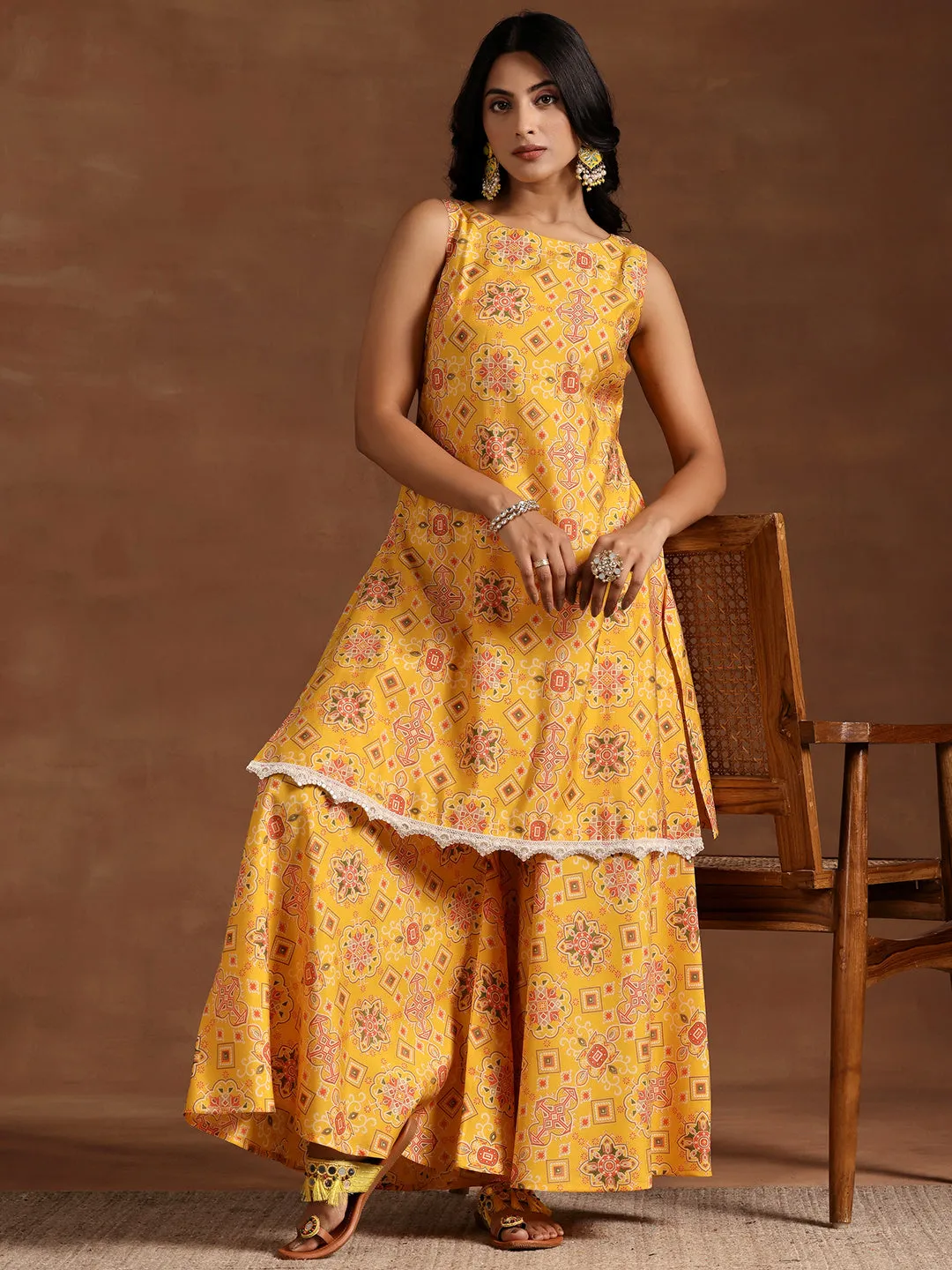 Yellow Printed Silk Blend A-Line Kurta With Palazzos