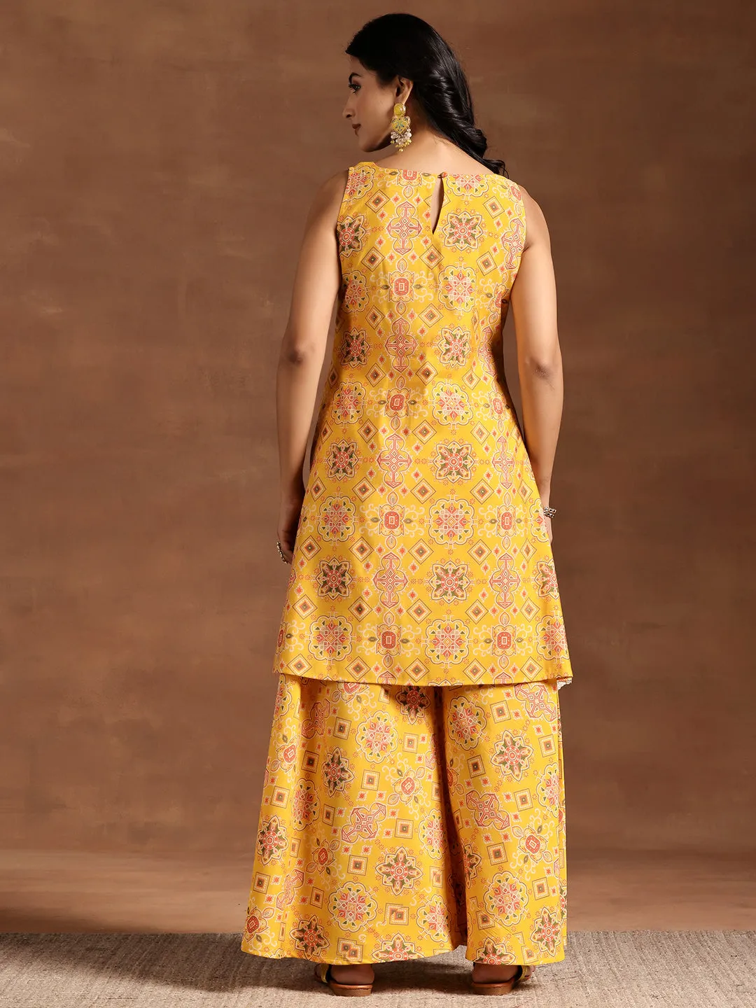 Yellow Printed Silk Blend A-Line Kurta With Palazzos