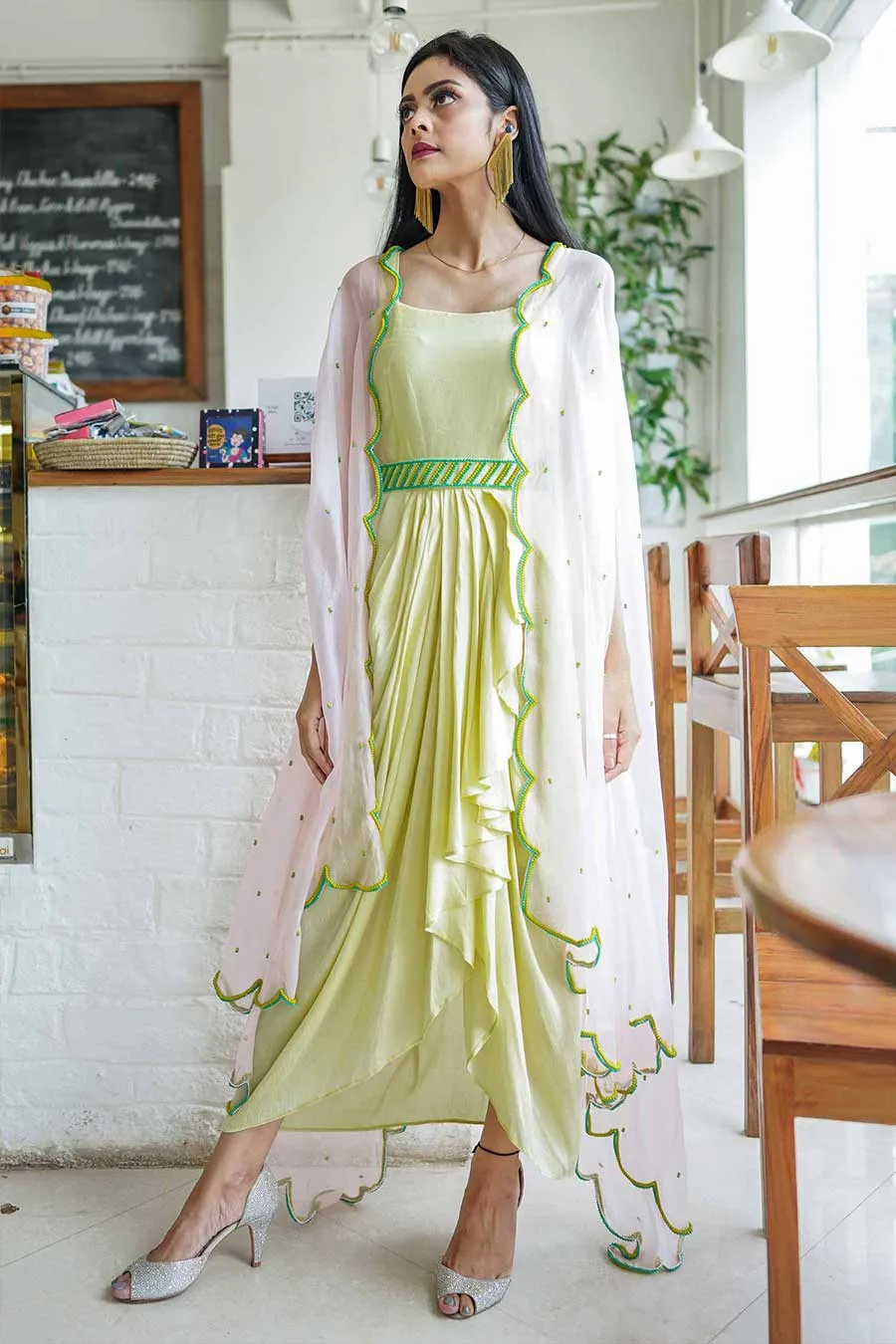 Yellow Silk Drape Dress and Cape Set