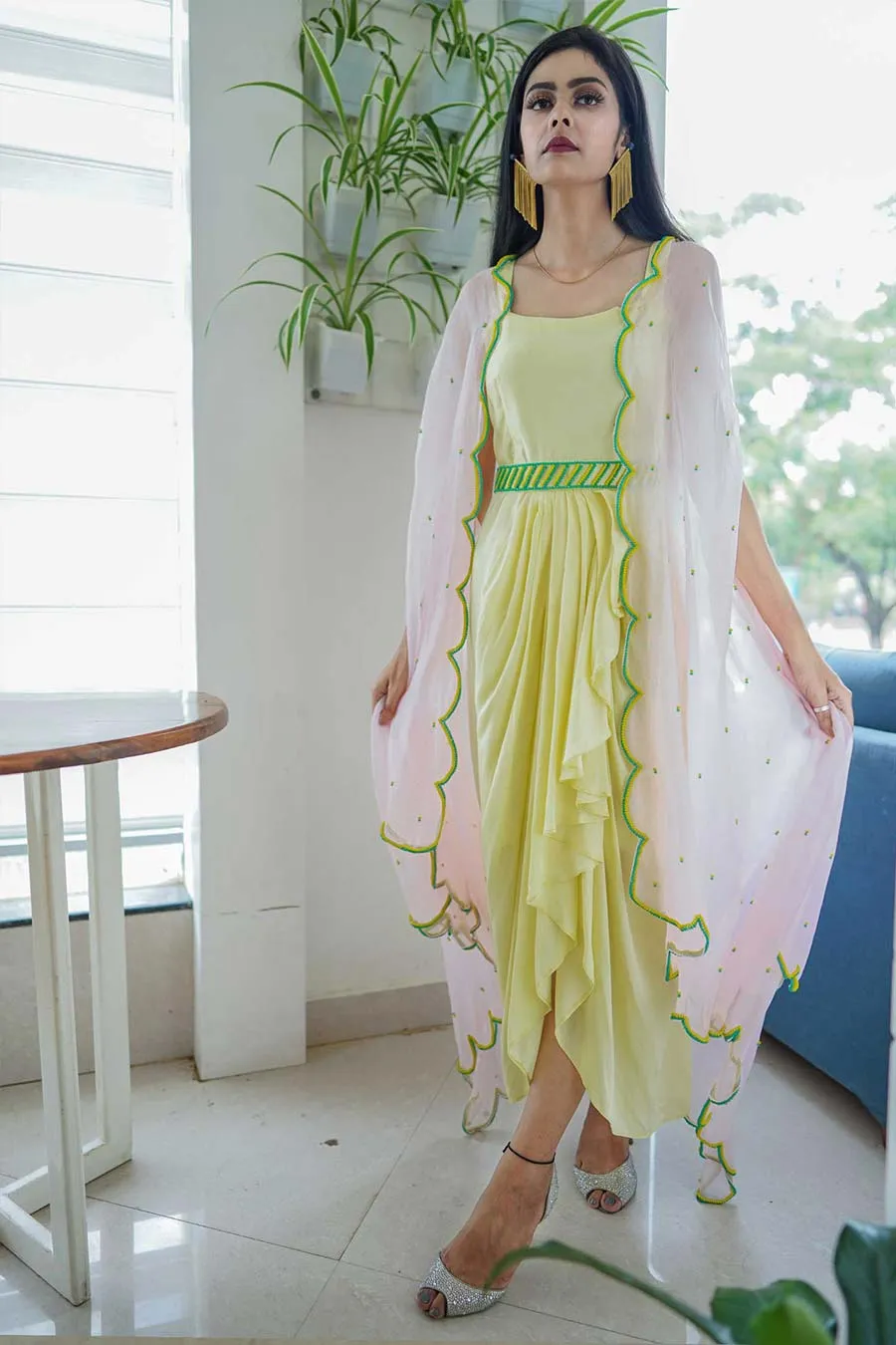 Yellow Silk Drape Dress and Cape Set